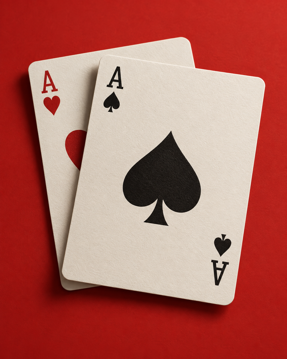An ace of spades and ace of hearts on a red tabletop